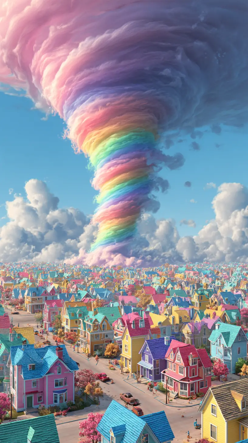 Tornado surreale arcobaleno che vortica sopra case di fantasia colorate