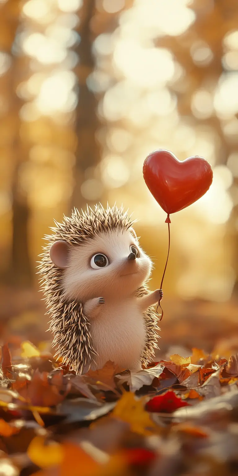 Hérisson mignon avec ballon en forme de cœur sur des feuilles d’automne
