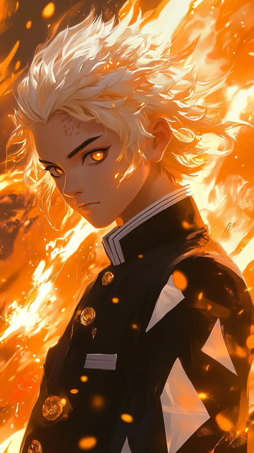 Garoto de anime com haori preto e dourado em brilho flamejante