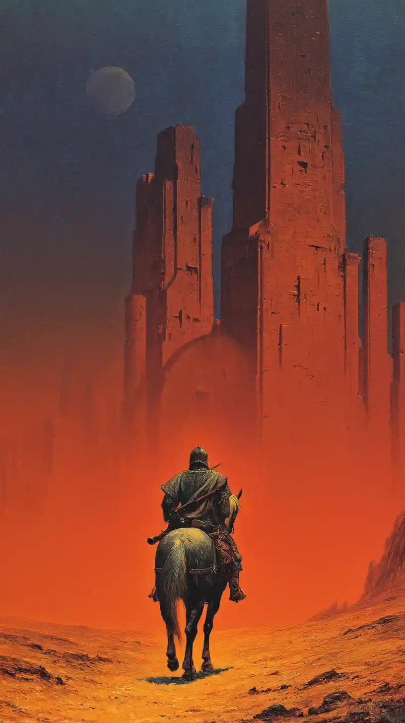 Lone knight riding toward a colossal obsidian fantasy city