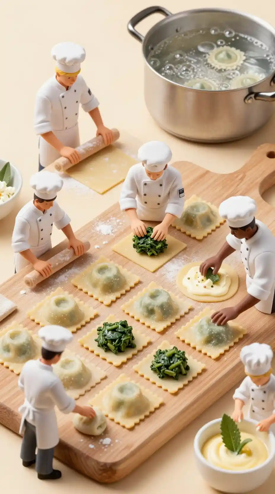 Miniature chefs making ravioli on giant wooden board