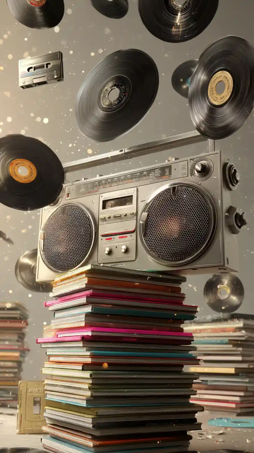 Surreal 90s cassette boombox and vhs tape explosion