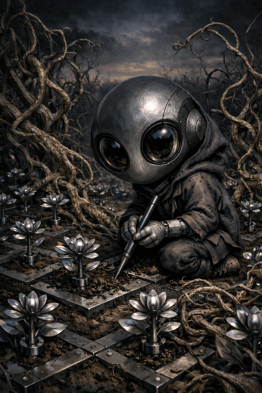 Surrealer KI-Künstler, der bei der Dämmerung metallische Pflanzen pflegt