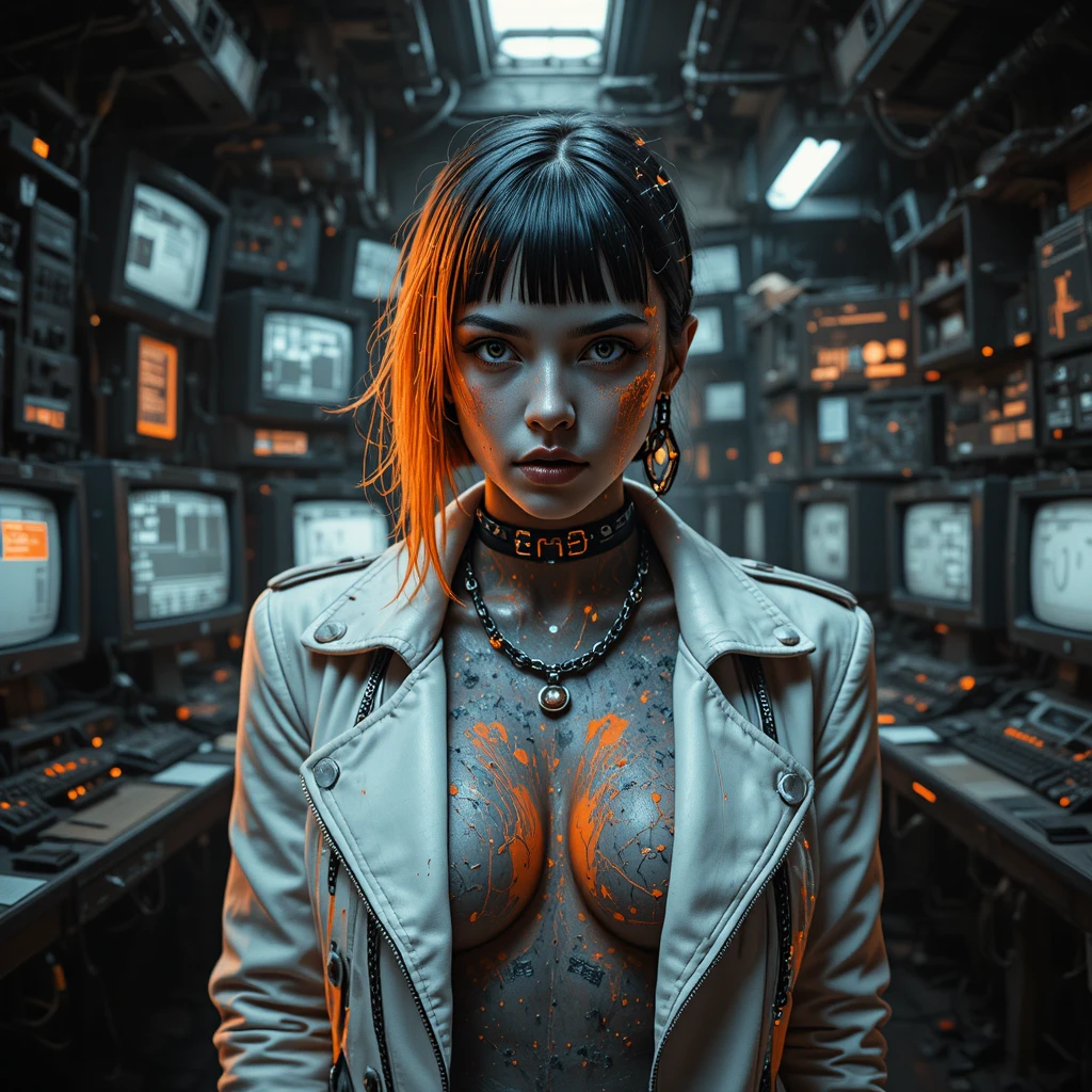 Mulher glitch noir em sala de controle de usina em decadência