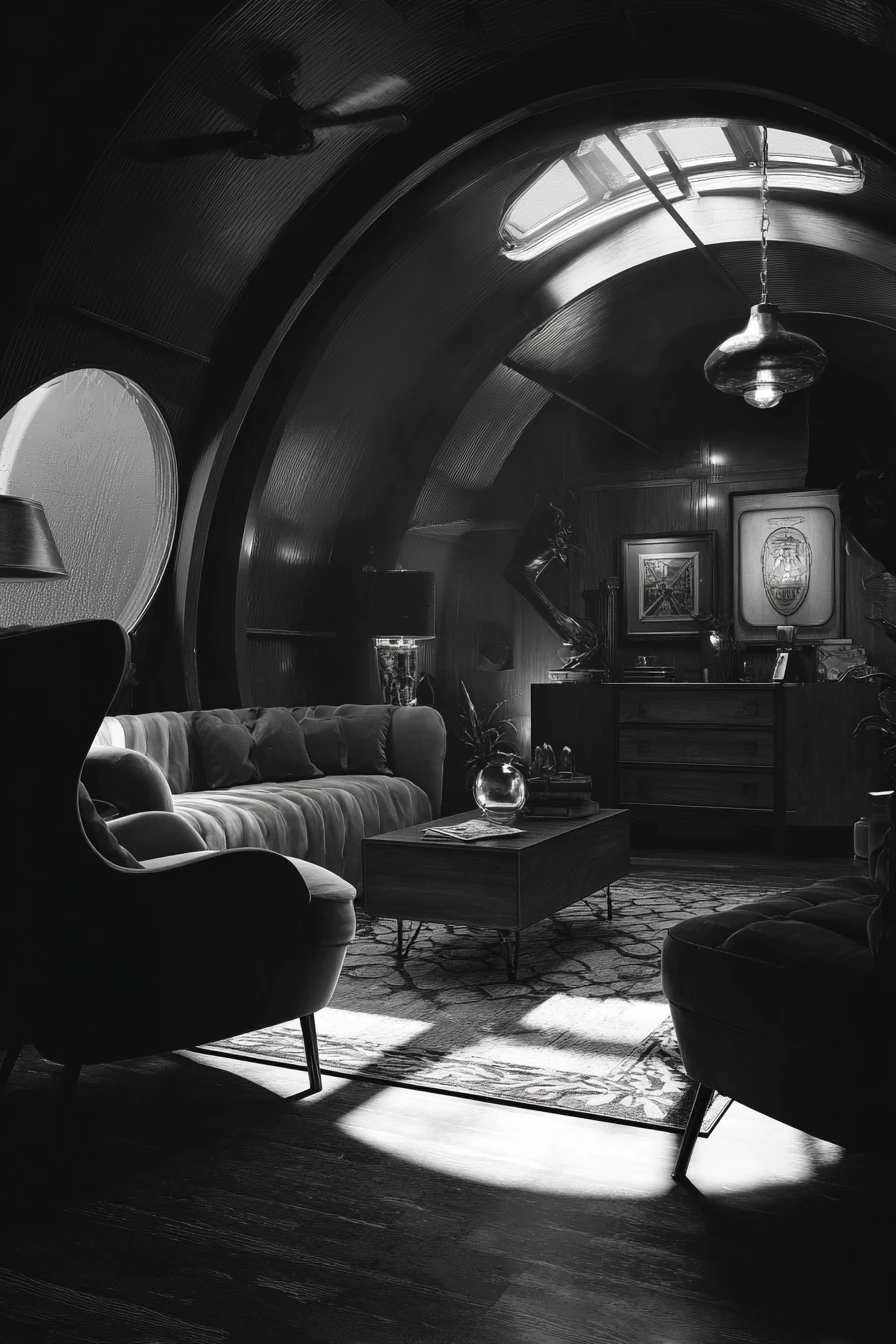 Futuristisches Wohnzimmer mit Raketenthema und lebendigem Interior Design