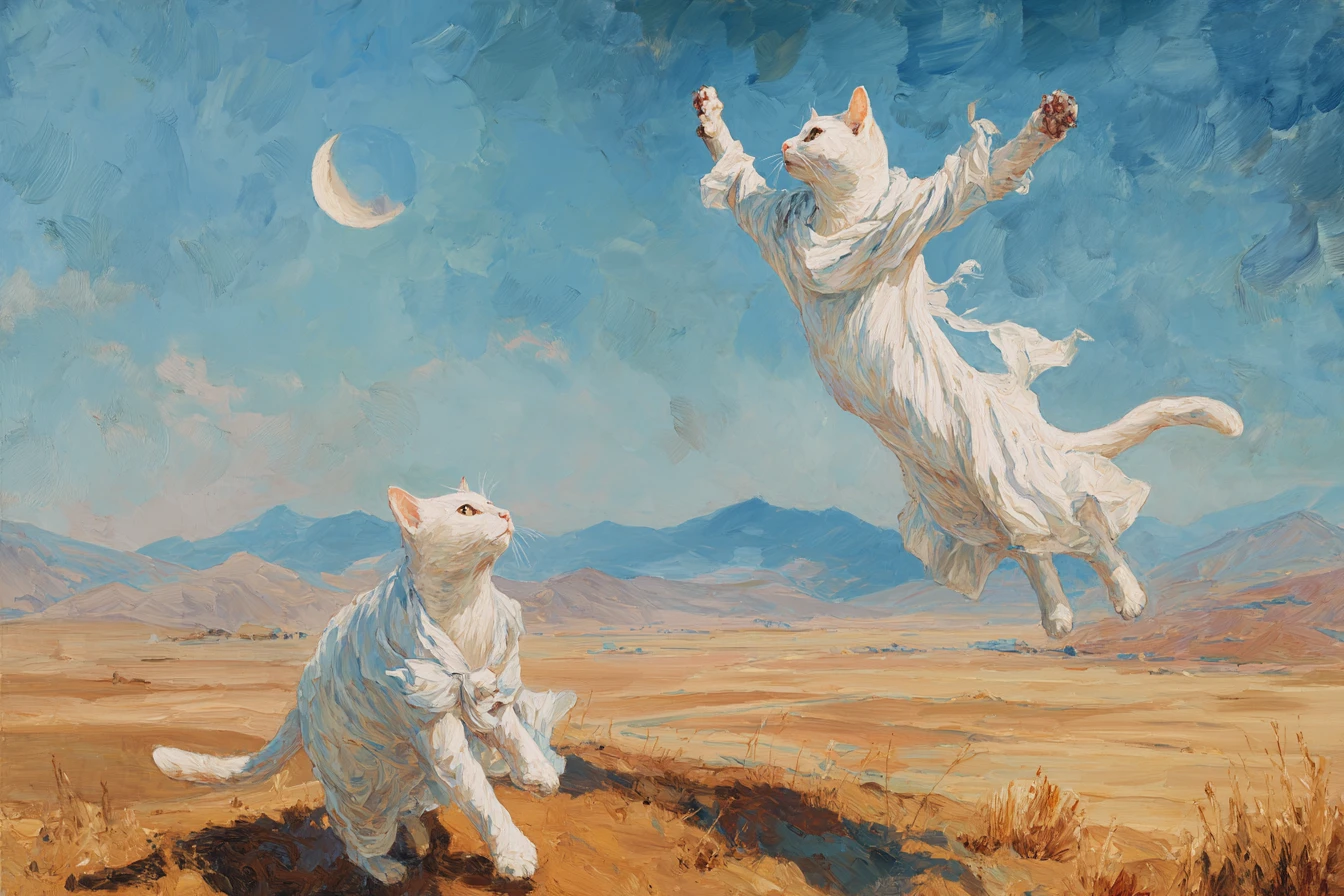 Deux chats blancs dans une peinture surréaliste de désert au clair de lune