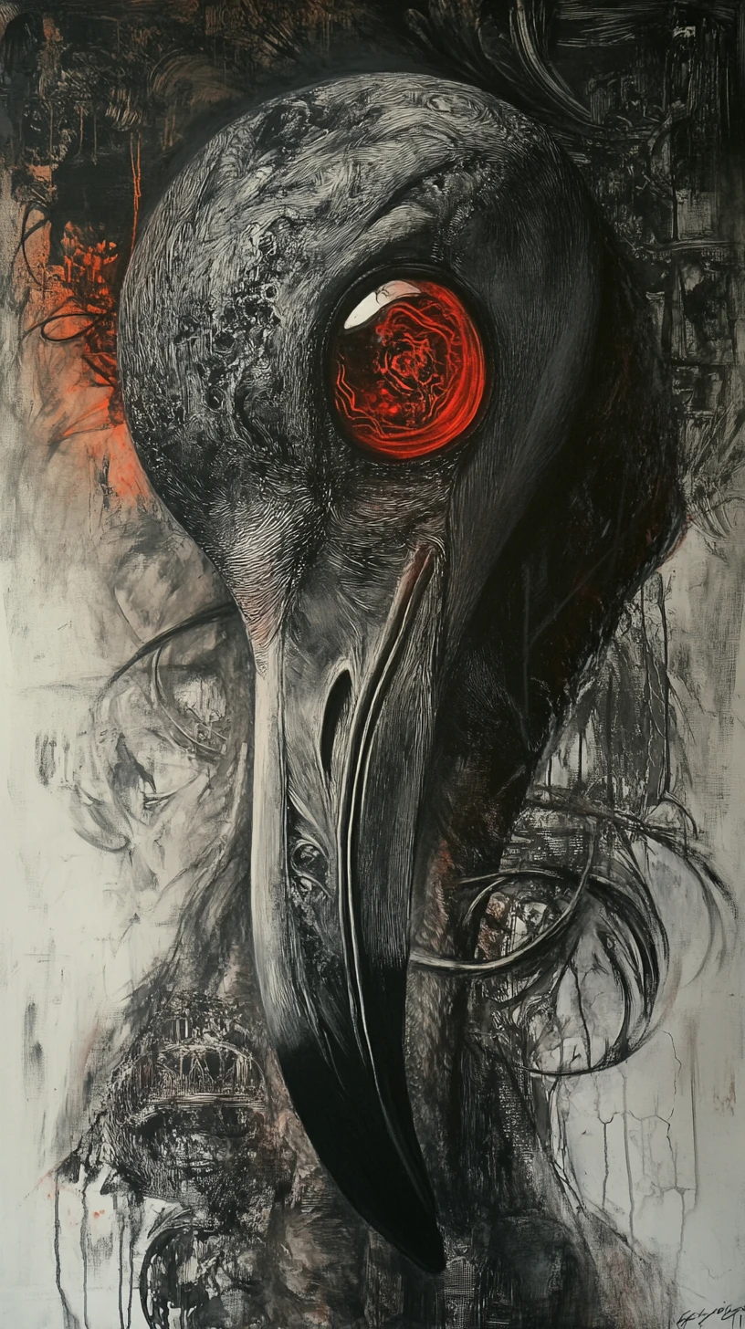 Flamingo surreal em mídia mista com grandes olhos refletivos