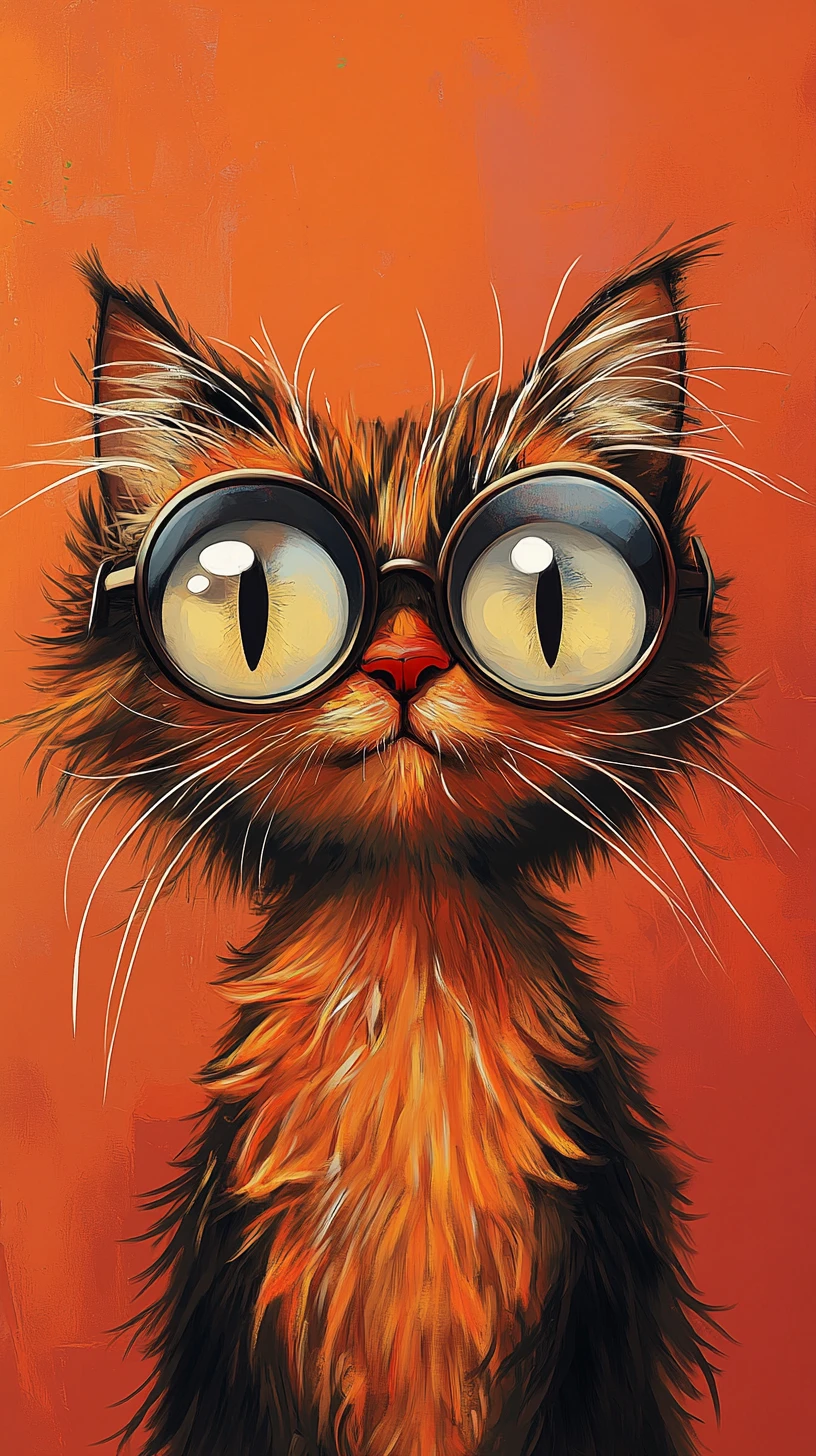 Portrait de chat cartoon sarcastique avec énormes lunettes et plumes