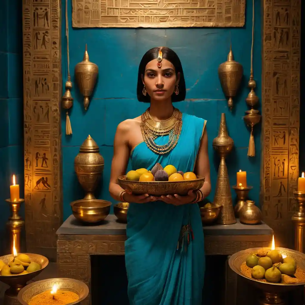 Ancient Egyptian woman offering gifts in a sacred chamber