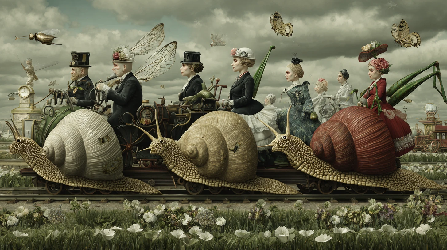 Fantastique Grande Course d’Escargots Steampunk avec Cavaliers Sauterelles