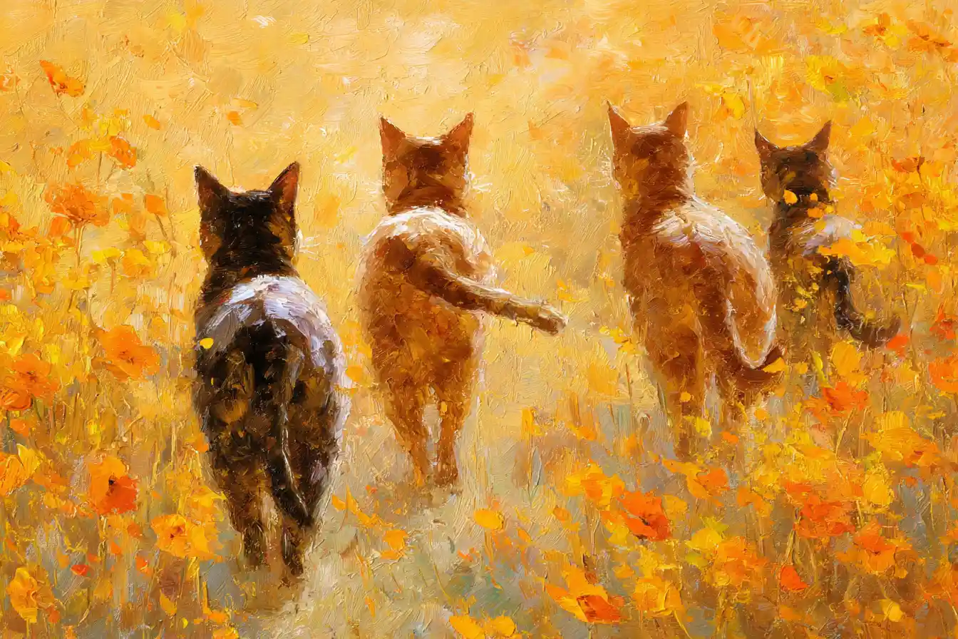 Abyssinian cats running through a golden poppy field