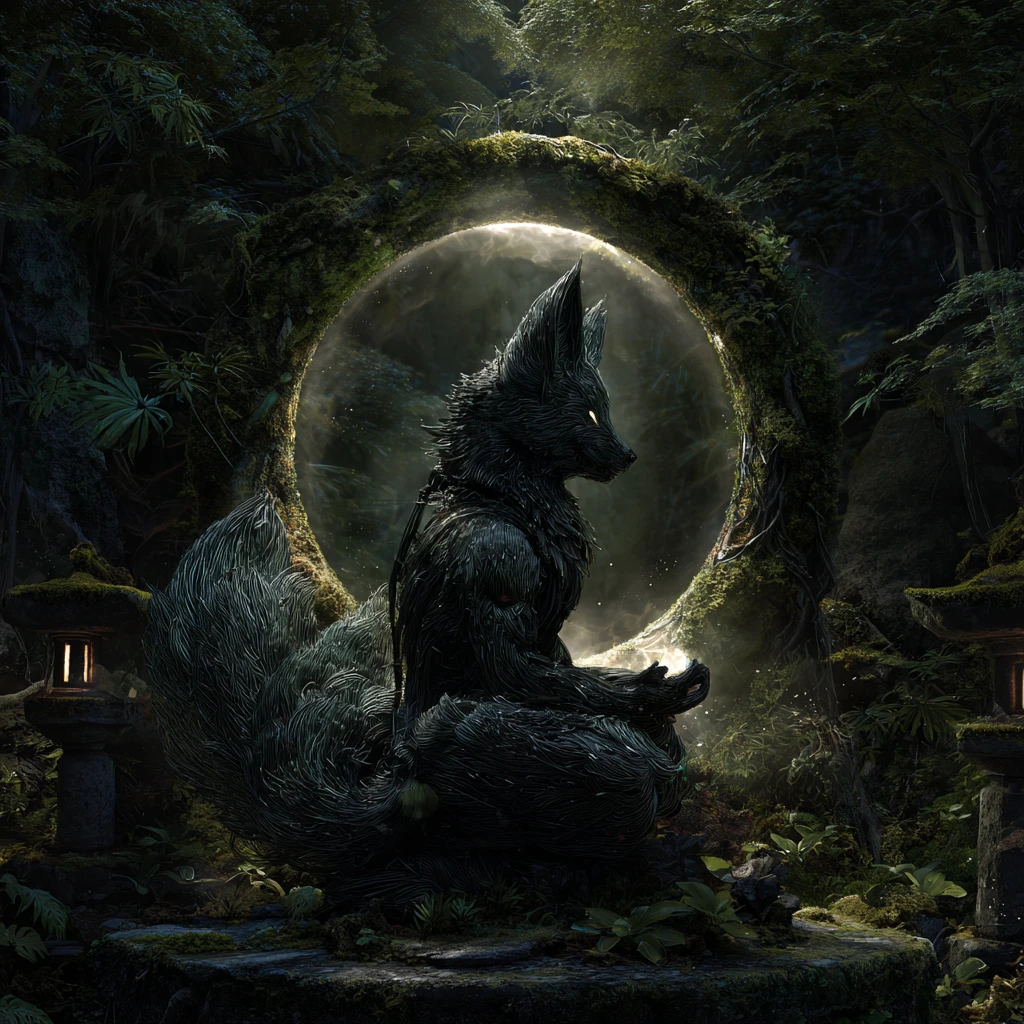Esprit mystique de kitsune noire gardant un sanctuaire lumineux dans la forêt