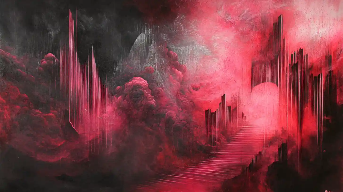 Surreal abstract landscape in vivid red pink and silver tones
