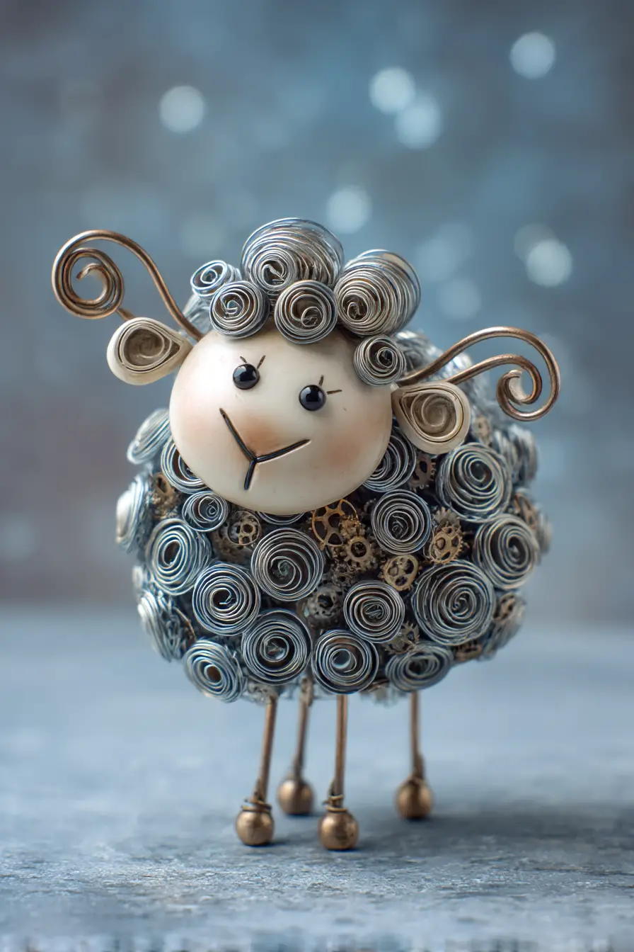 Verspieltes Metallschaf mit lockiger Wolle in Steampunk-Umgebung