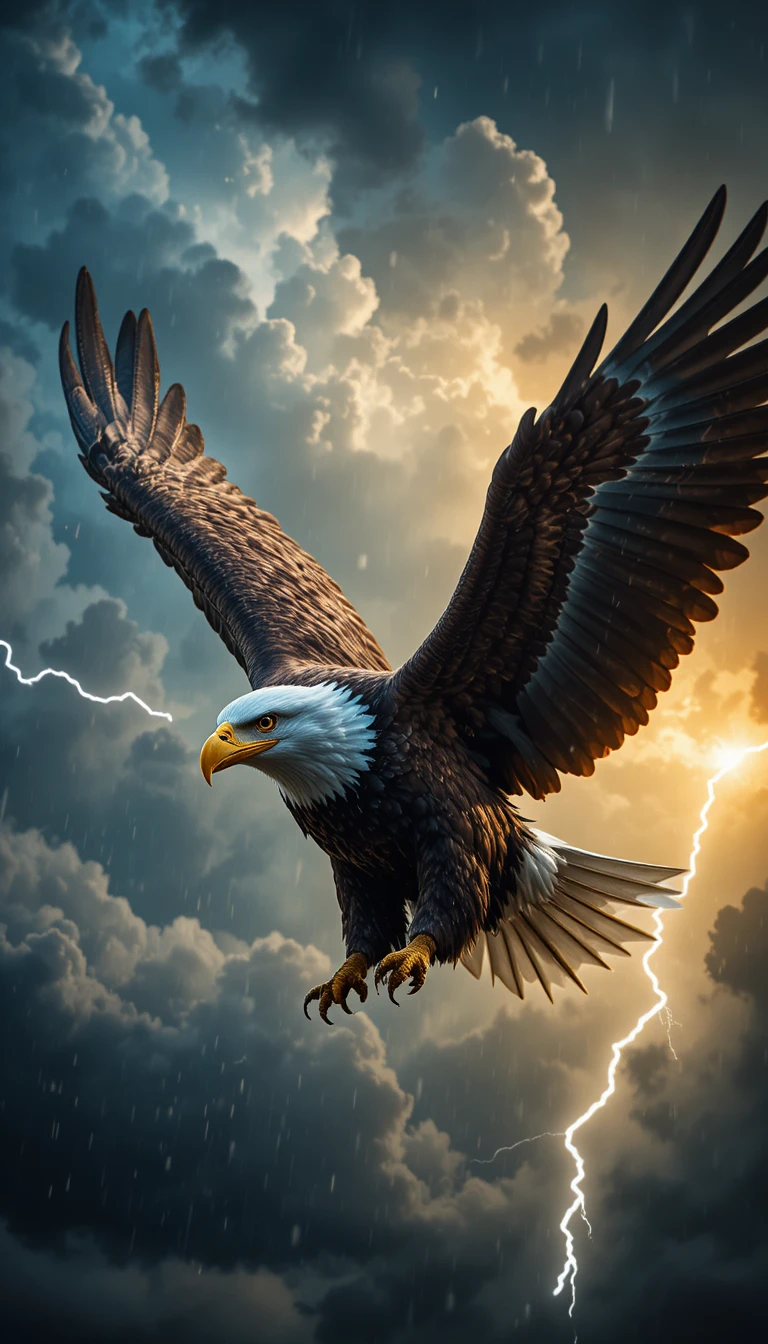 Águila calva surcando el cielo ante nubes de tormenta y relámpagos