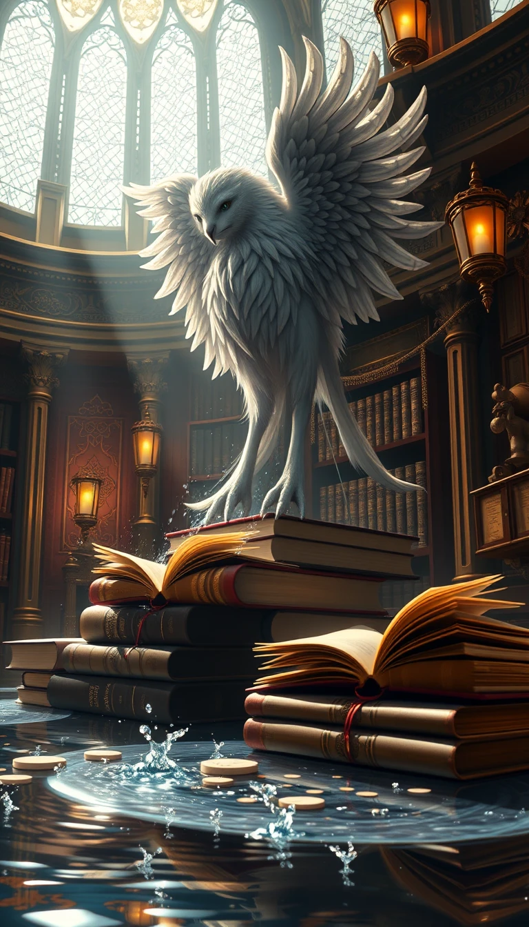 Grifo majestoso sobre livros antigos em luz steampunk etérea