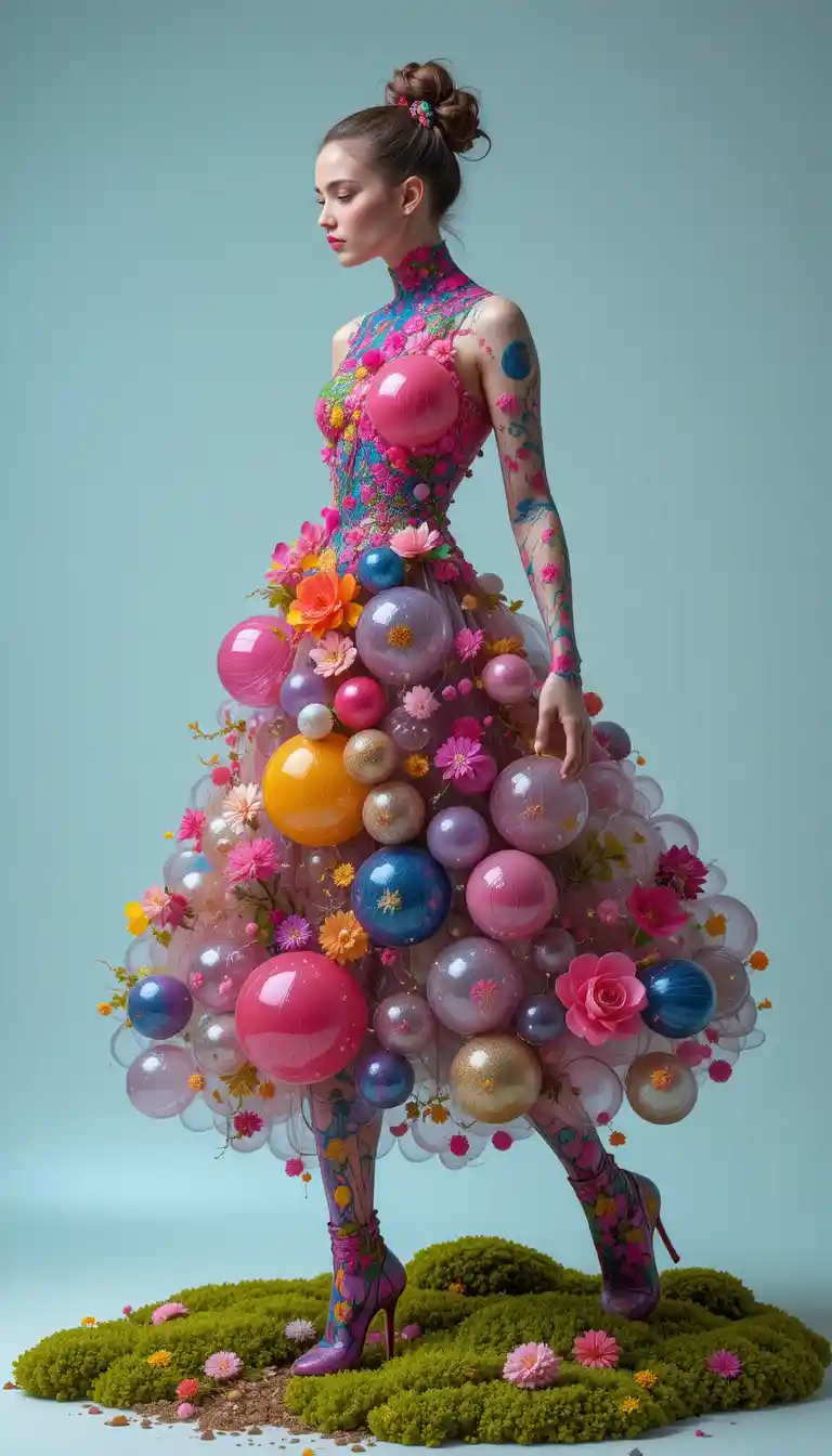 Girl in flowing sphere dress captured in dynamic full body pose