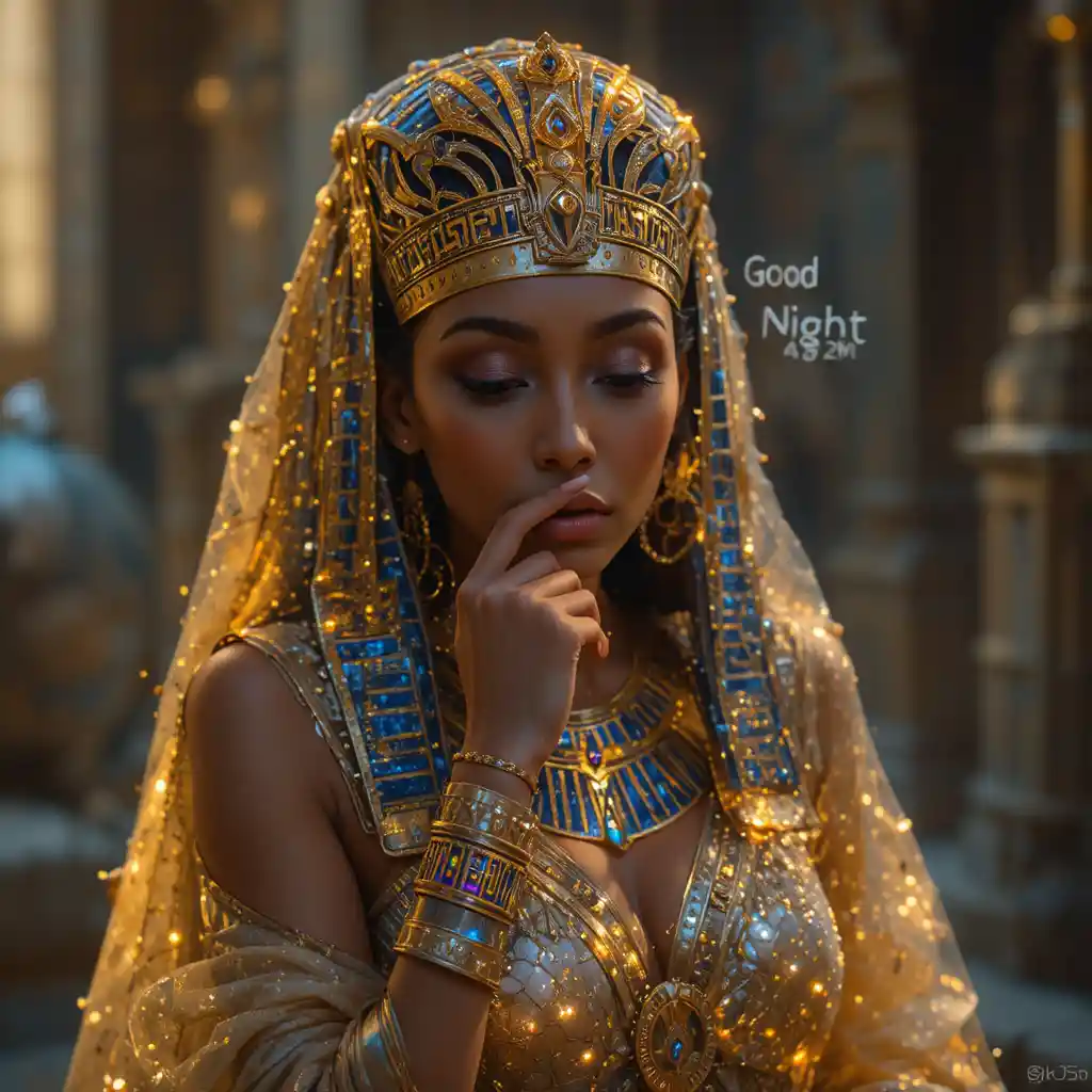 Sleepy ancient Egypt queen in a glowing night dress