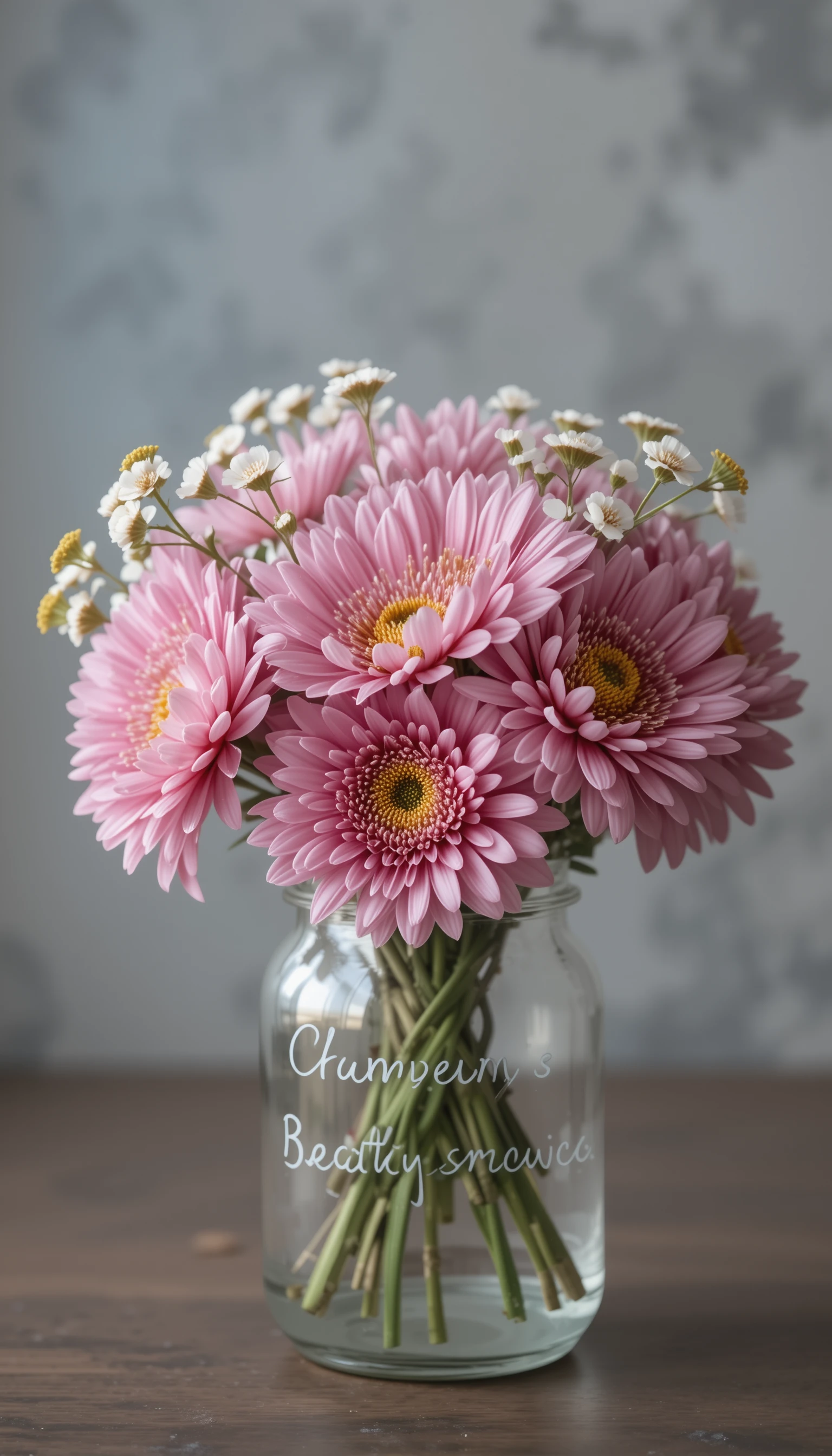 Pink chrysanthemum bouquet in glass jar with soft gray bokeh