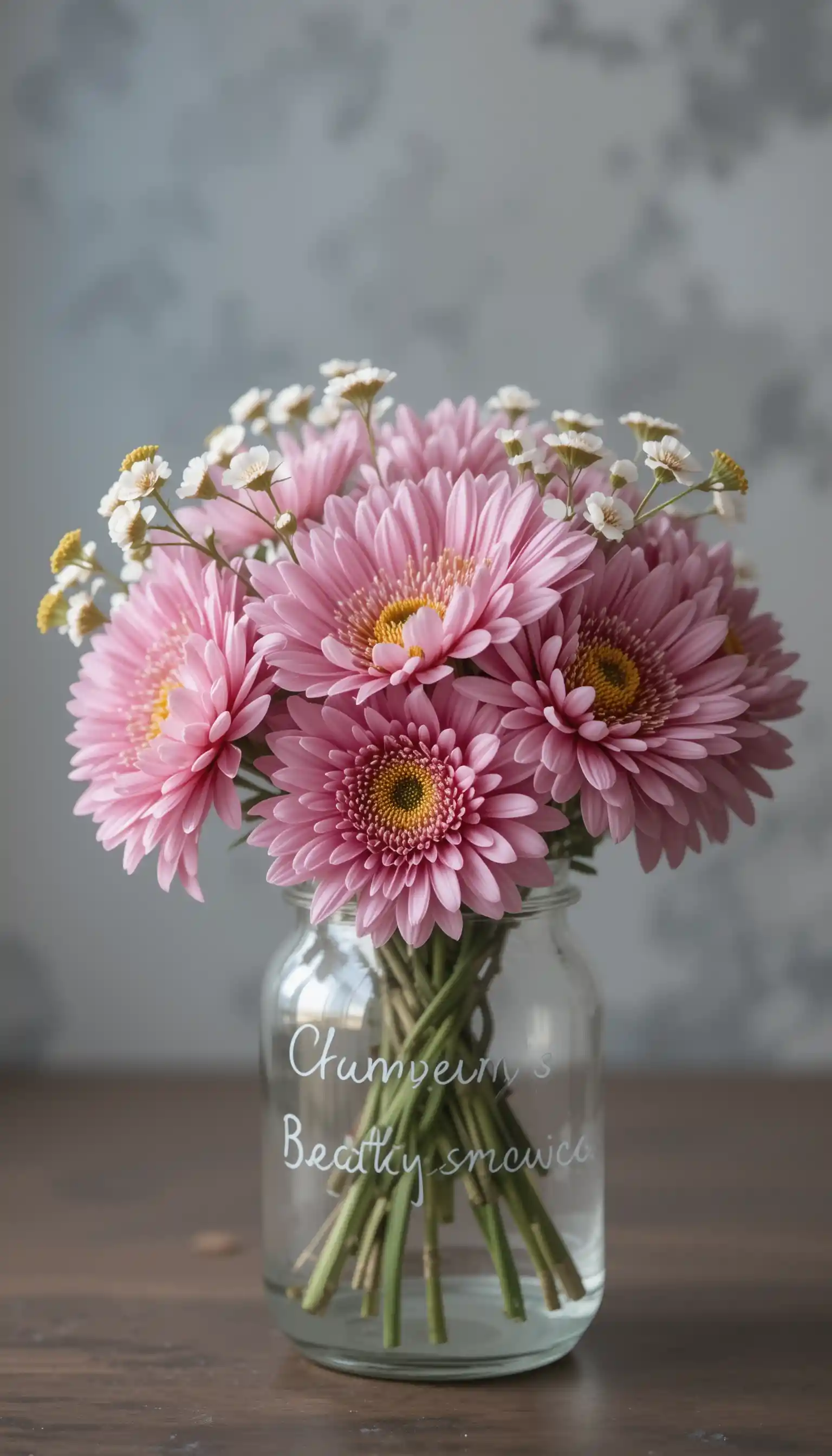 Pink chrysanthemum bouquet in glass jar with soft gray bokeh