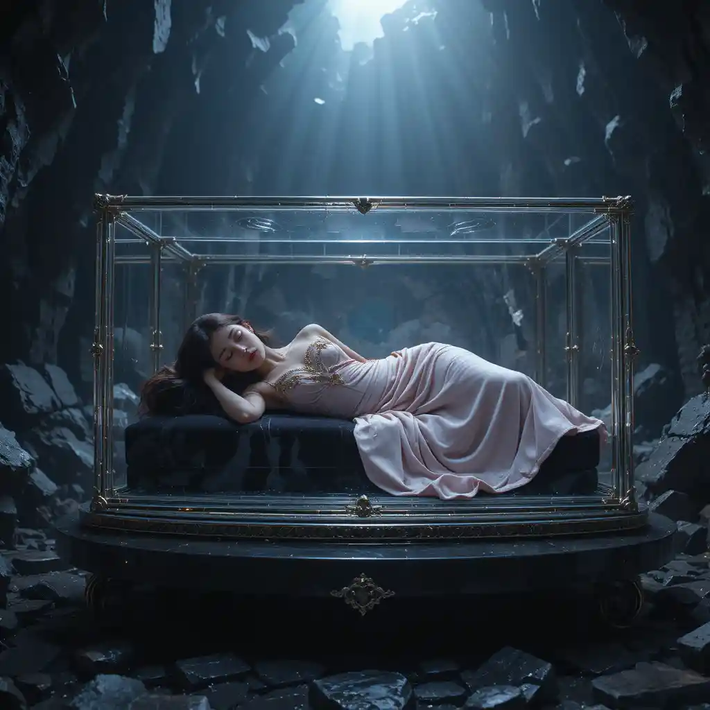 Mulher adormecida em caixa de cristal em caverna de obsidiana