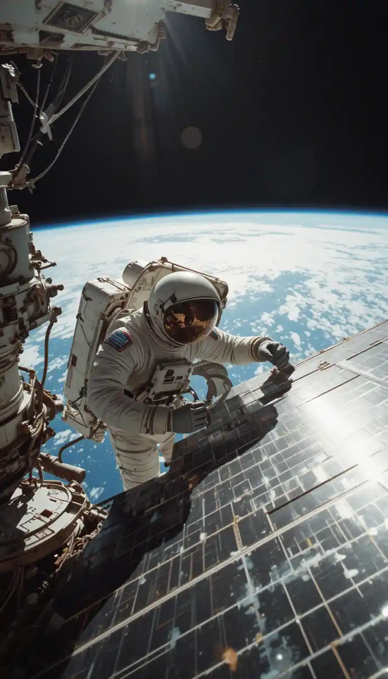 Astronaut Repairing Solar Panel On ISS In Harsh Sunlight