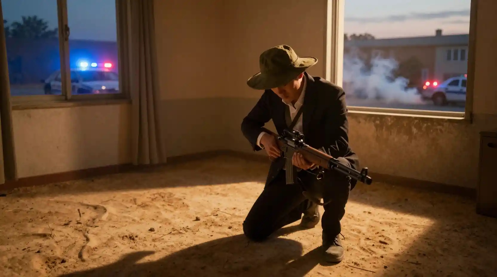 Sniper quietly dismantling rifle in dusty sunset apartment