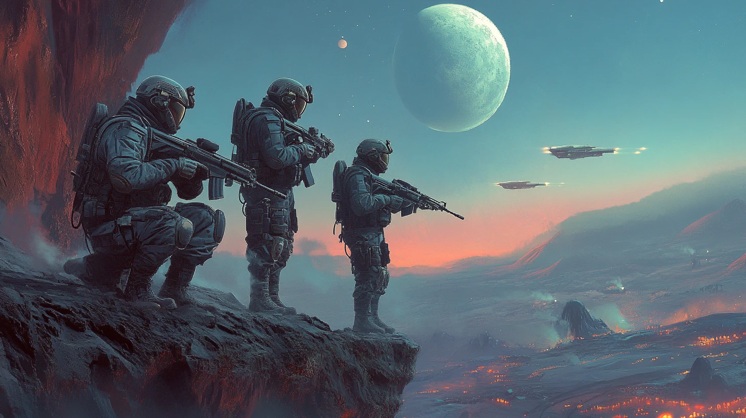 Soldados de forças especiais em reconhecimento de um penhasco em mundo alienígena