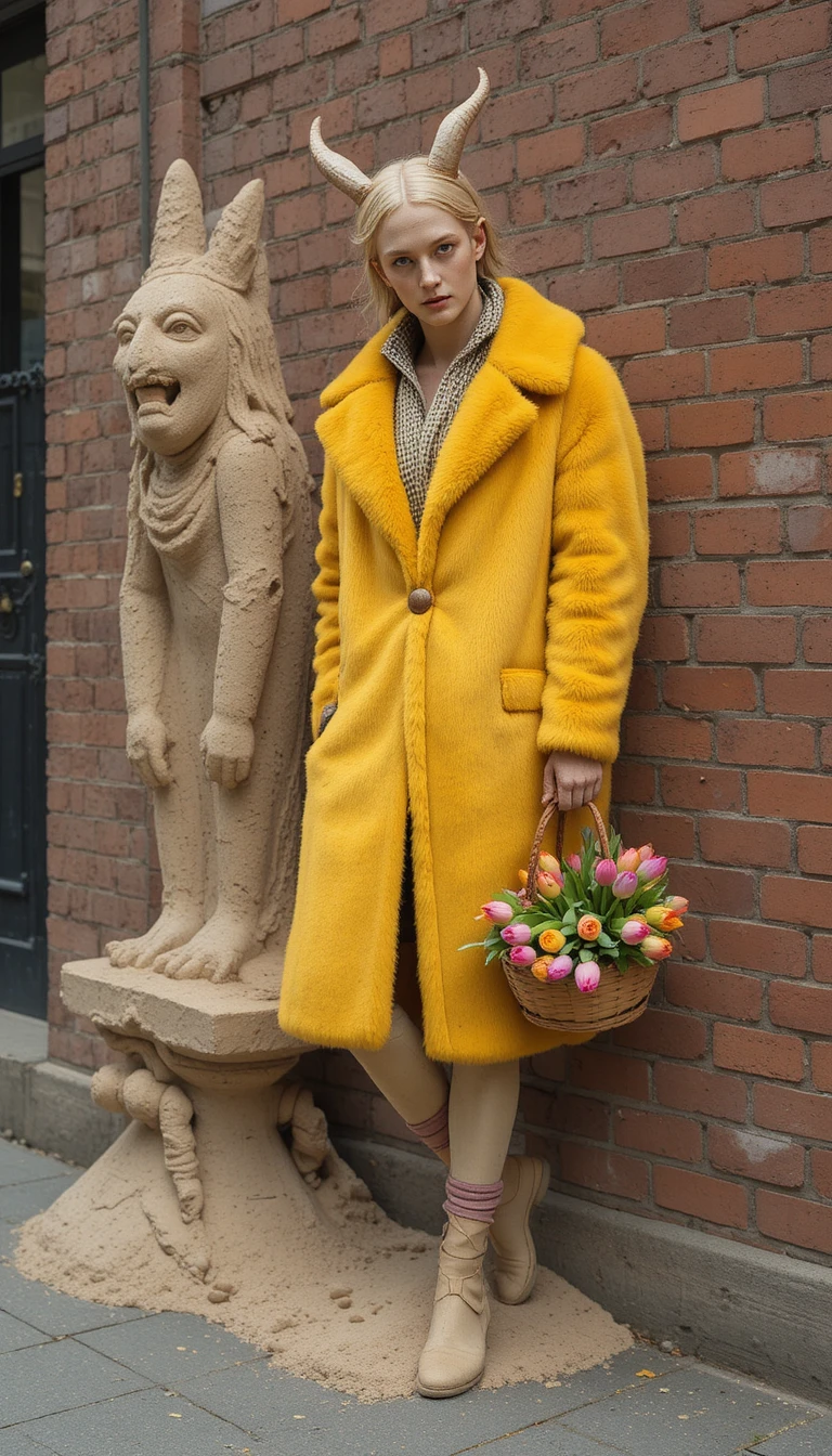 Estátua de demônio arenoso com casaco amarelo vibrante