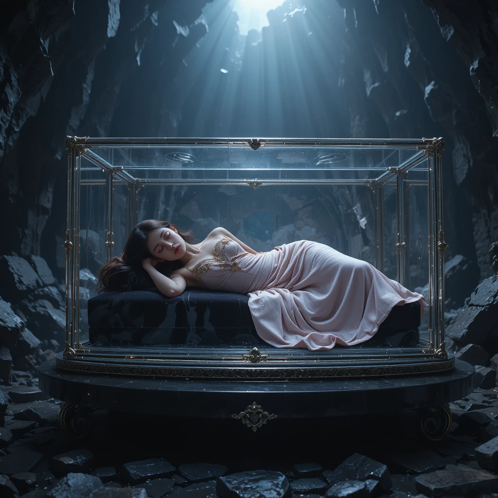 Mulher adormecida em caixa de cristal em caverna de obsidiana