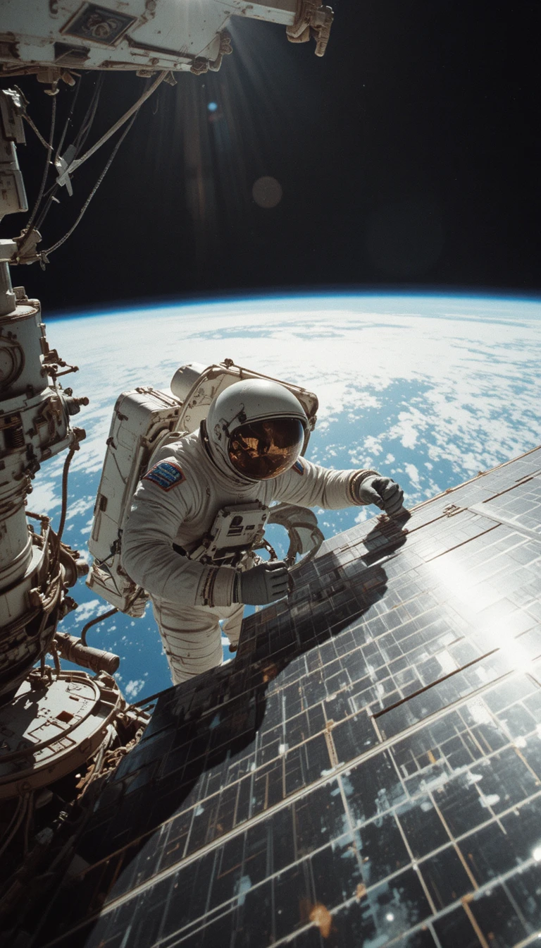 Astronaut repariert Solarpanel an der ISS im grellen Sonnenlicht