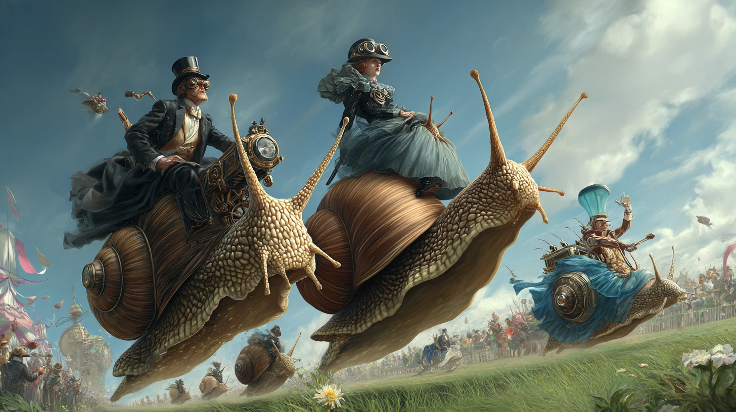 Grande course de limaces steampunk fantaisiste avec des spectateurs en liesse