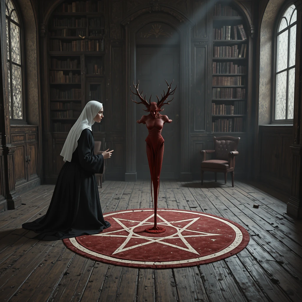 Freira europeia ajoelhada diante de um pentagrama vermelho brilhante
