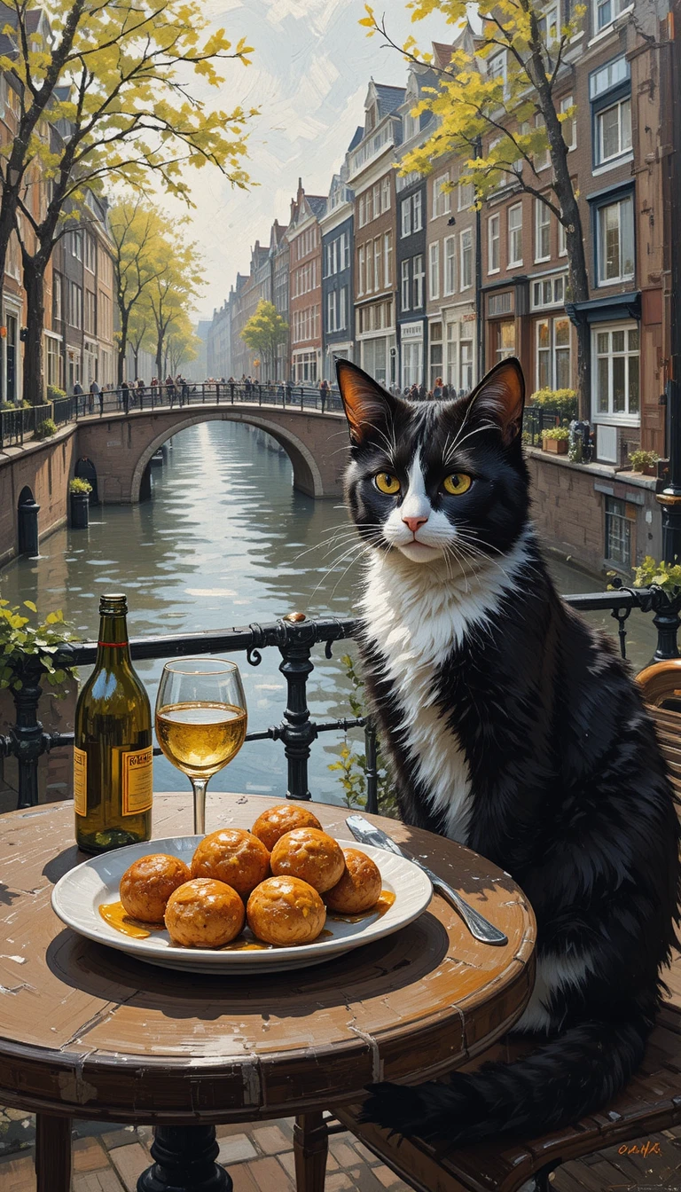Gato preto e branco em café à beira do canal em pintura a óleo
