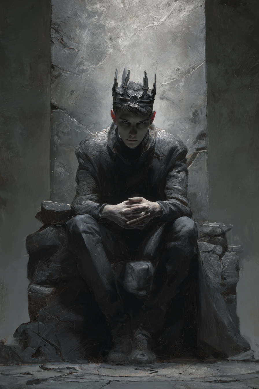 Rei medieval solene em trono de obsidiana em salão ao luar