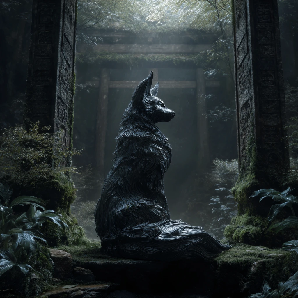 Esprit kitsune mystique à neuf queues gardant un portail forestier