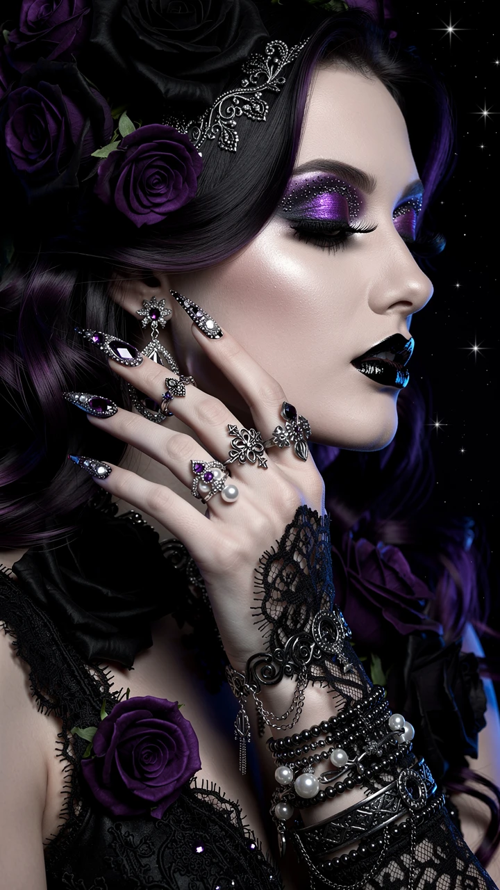 Melancholic woman in dark fantasy gothic floral portrait