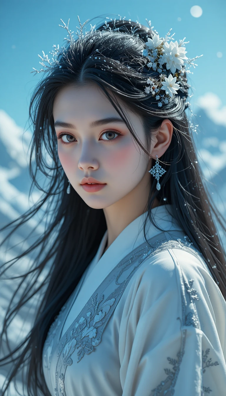 Femme fantastique en kimono blanc sous un ciel bleu glacé