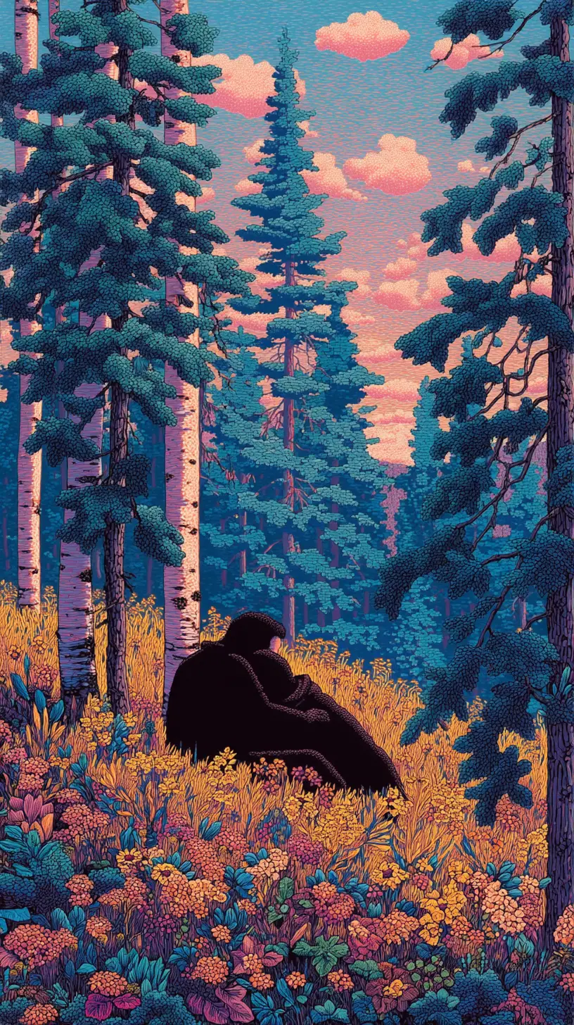 夕陽下北歐草地上相擁的情侶