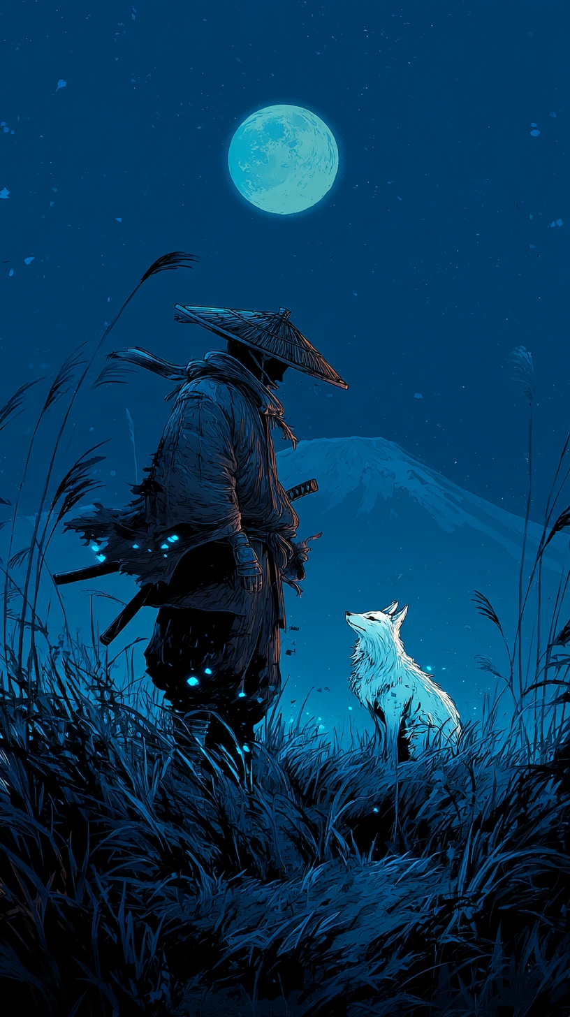 Ronin solitário com raposa branca sob um céu montanhoso ao luar