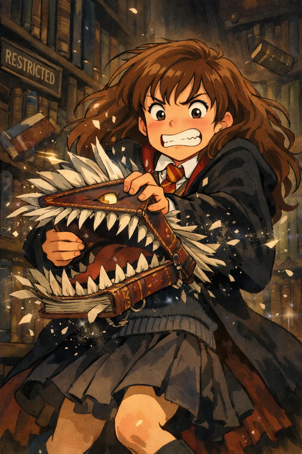 Studentessa delle superiori in stile anime in preda al panico contro un libro mostro