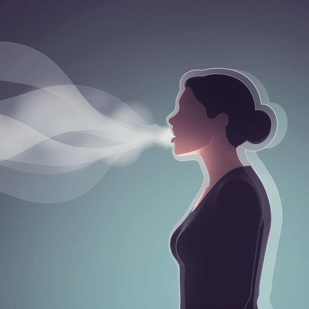 柔和漸層中吐出霧氣的女子側面剪影