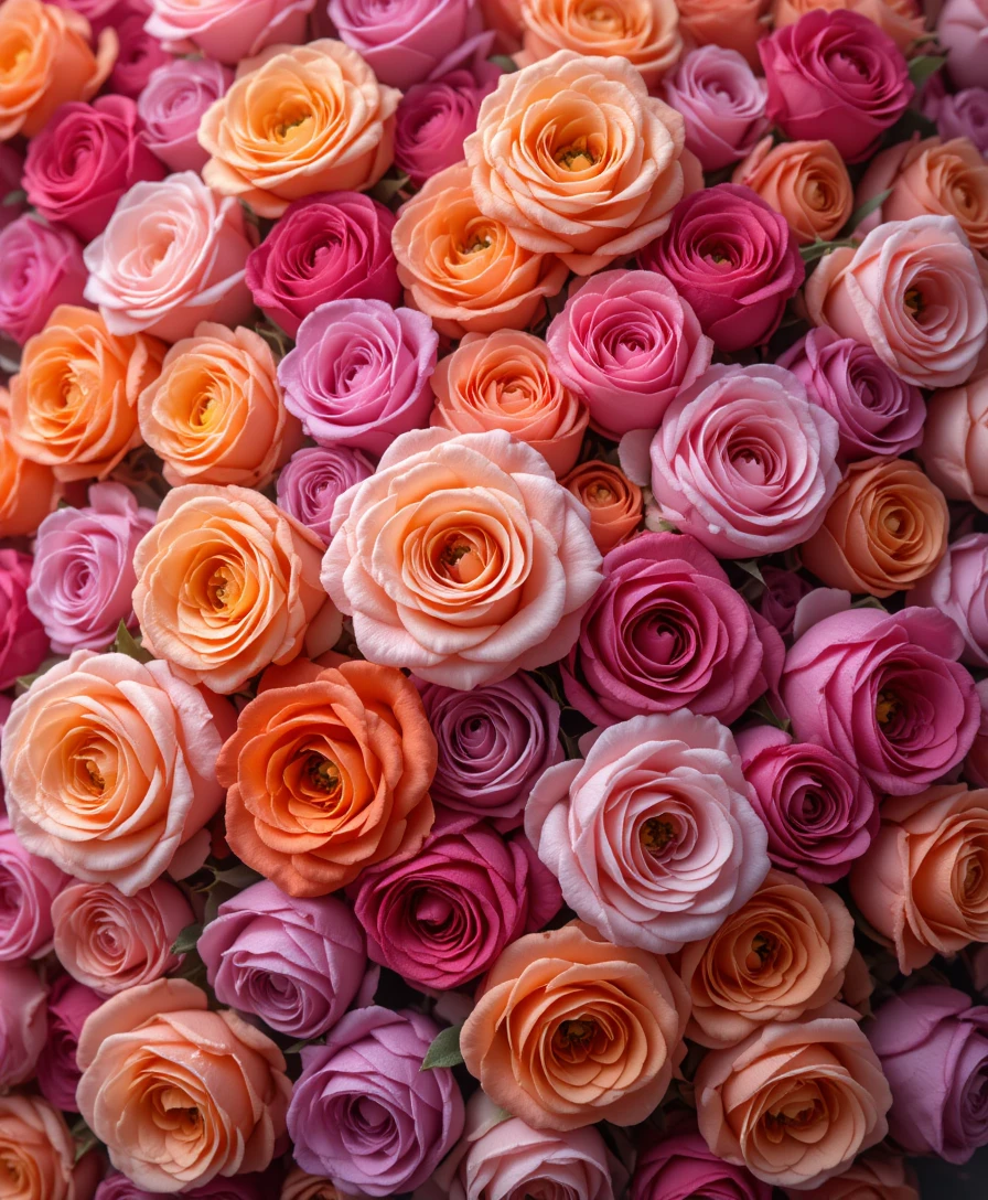Buquê visto de cima com rosas coloridas e orvalhadas em luz suave