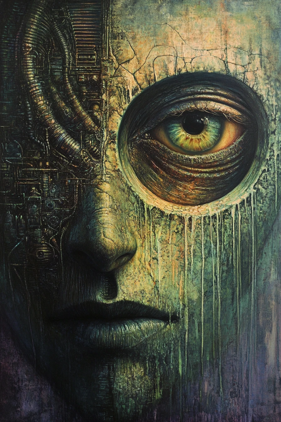 Visage surréaliste en technique mixte dans des tons verts et violets