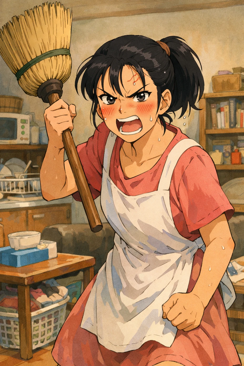 Wütende Anime-Hausfrau schwingt einen Besen im Wohnzimmer