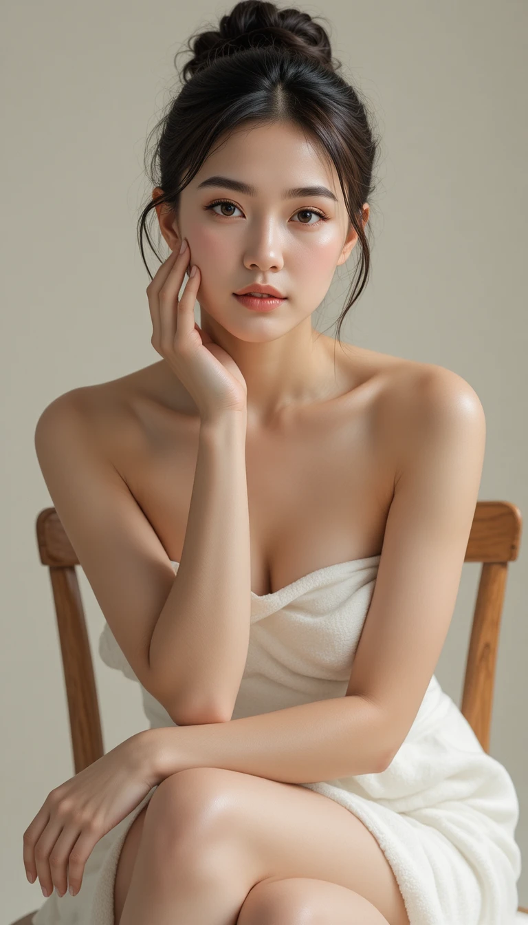 Young woman in towel seated on wooden chair portrait