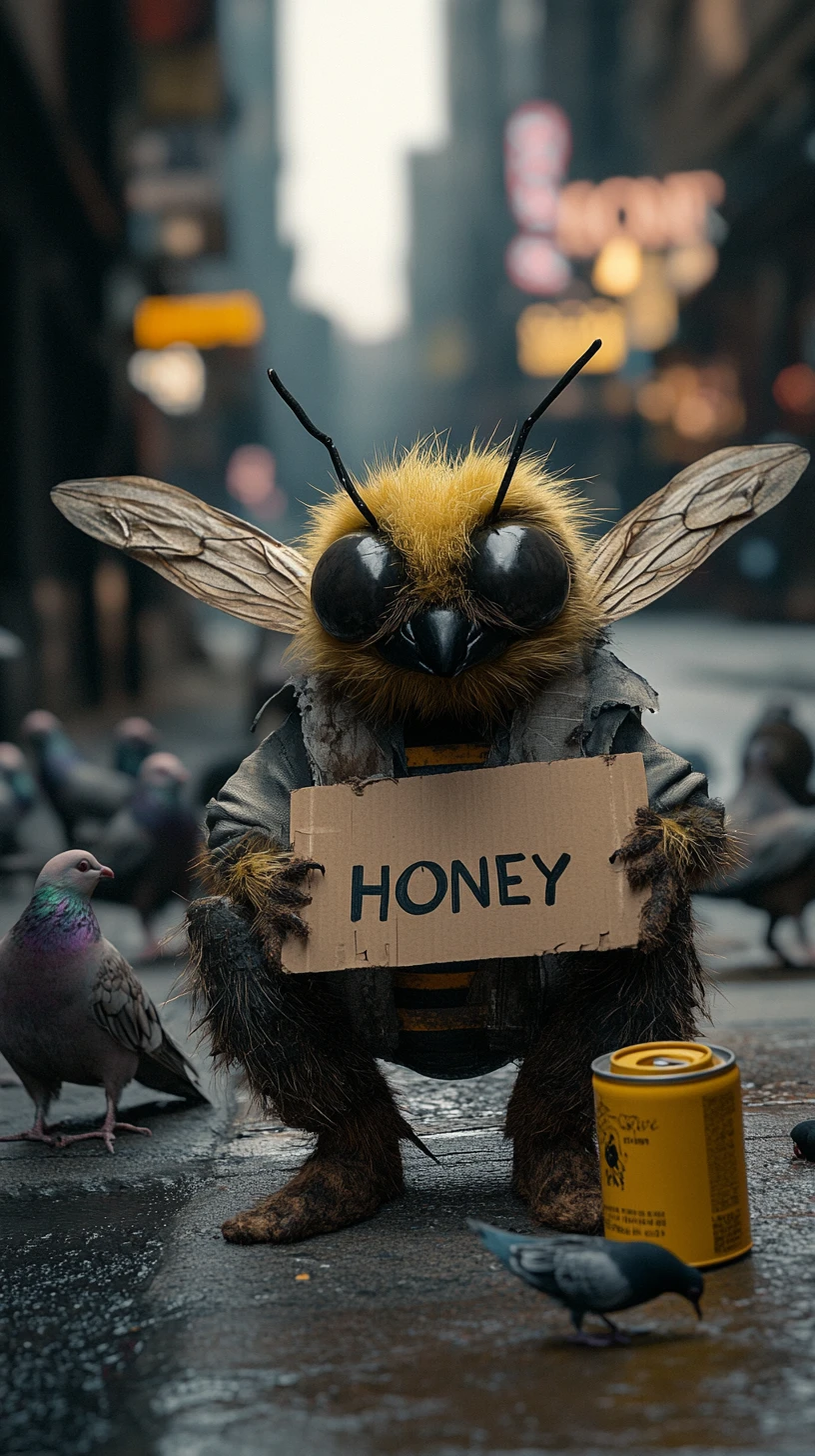 Abeille anthropomorphe mendiante pour du miel dans une rue animée
