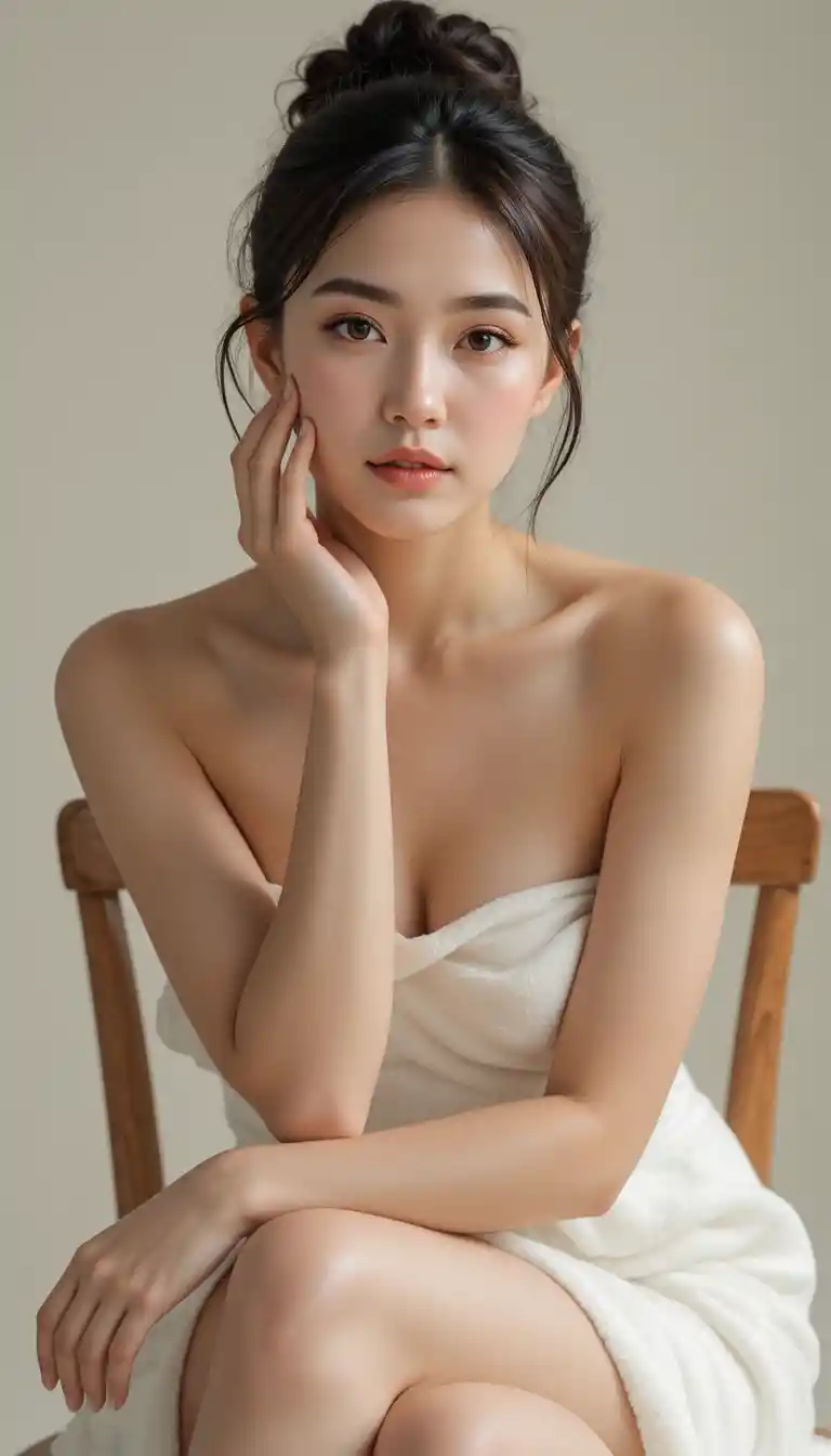Young woman in towel seated on wooden chair portrait