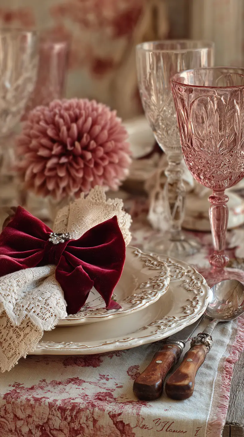 Décoration de table romantique avec nœud en velours, dentelle et cristal
