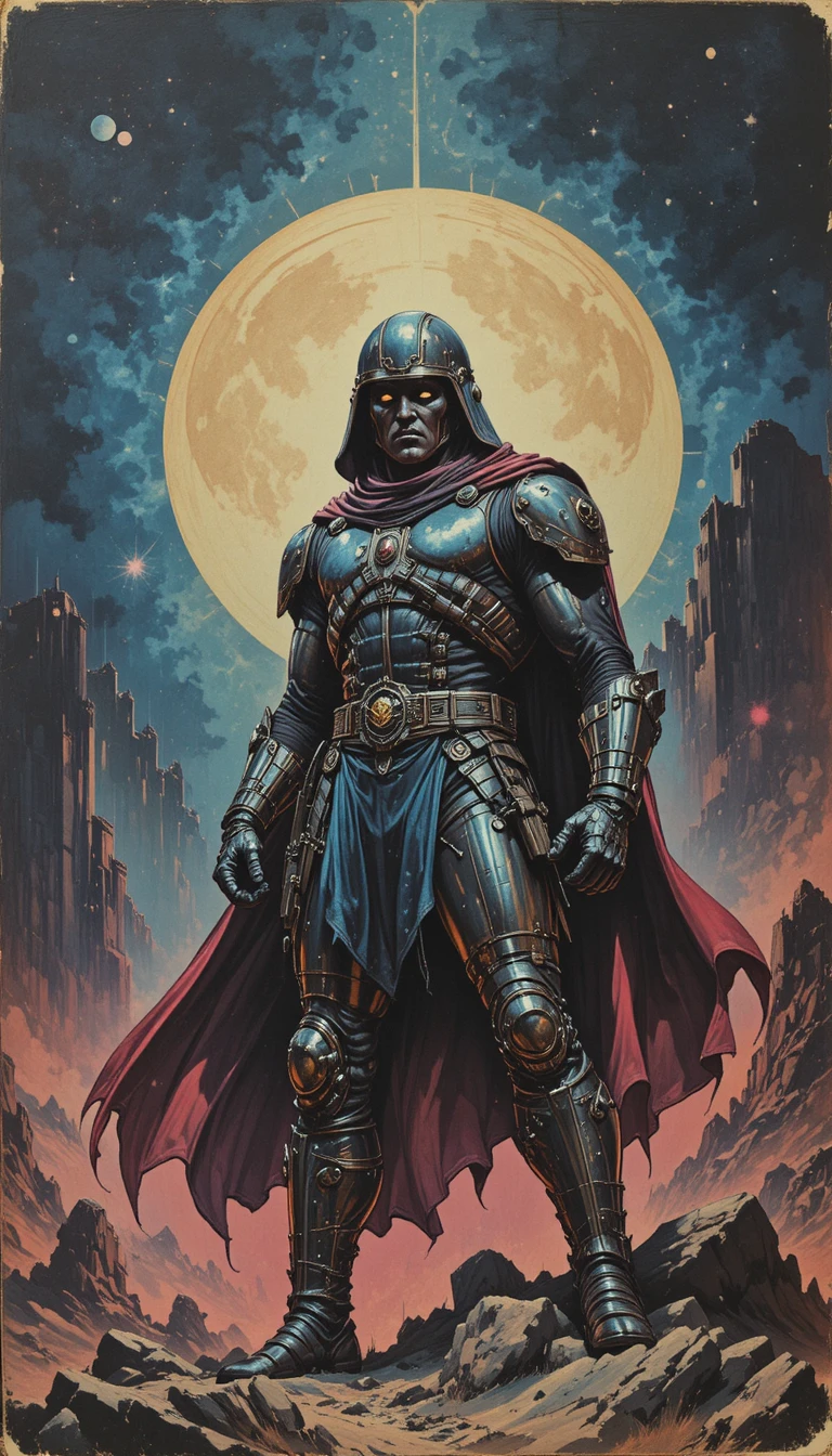 Eroico guerriero cosmico su copertina vintage di fantasy spaziale